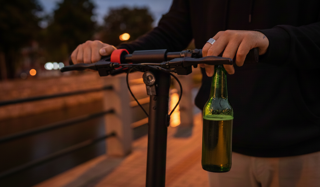 Un uomo afferra il manubrio di un monopattino con entrambe le mani e nella mano sinistra tiene una bottiglia di birra in vetro